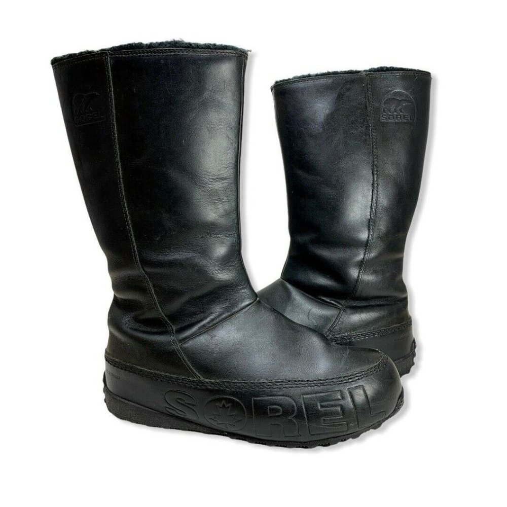 Sorel Suka Tall Mid Calf Leather Boots Womens Size 9 Black Warm Lined Logo Snow